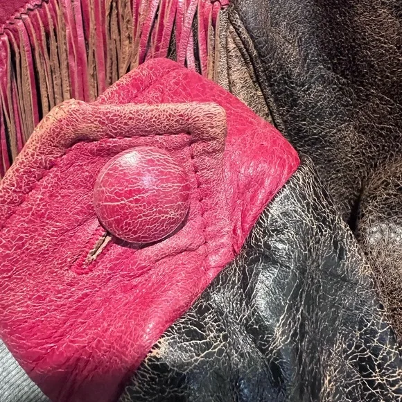 Double D Ranch Red and Black Leather Fringe Jacket-Vintage - Picture 5 of 8